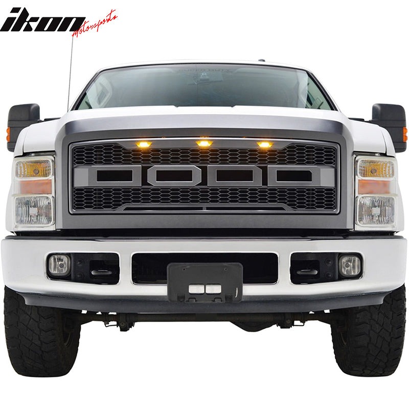 Packaged Grille Compatible With 2008-2010 Ford F250 & 350 Super Duty, R Style Charcoal Gray ABS Front Bumper Grill Hood Mesh Guard by IKON MOTORSPORTS, 2009