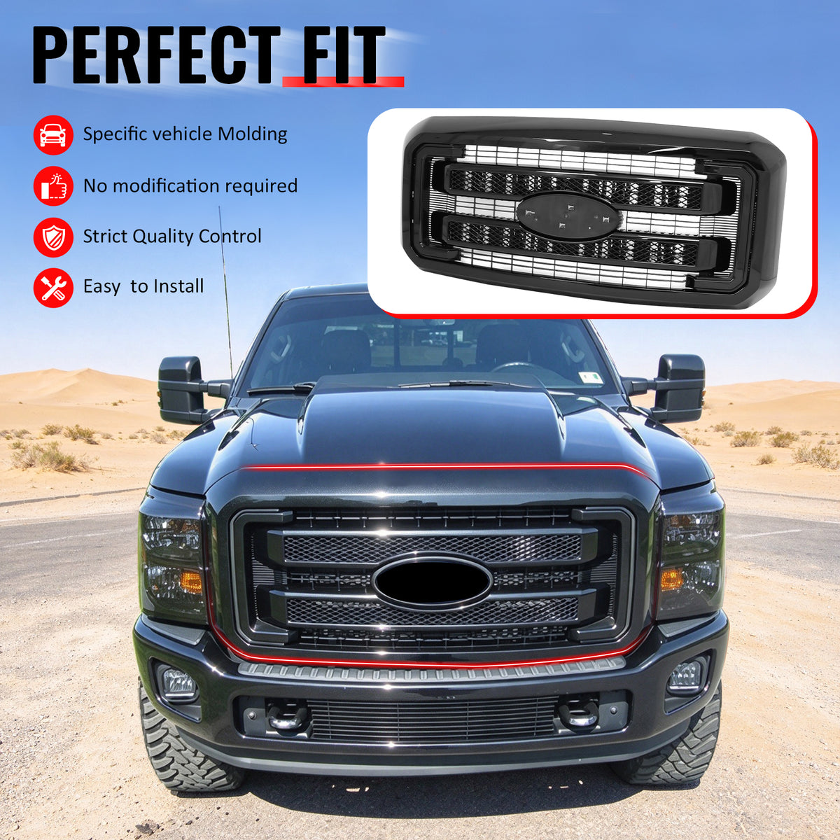 Fits 2011-2016 F250 F350 F450 F550 Super Duty Platinum Grille Gloss Black