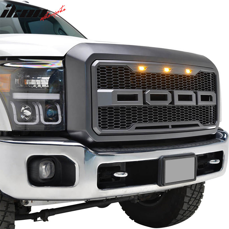 Packaged Grille Compatible With 2011-2016 Ford F-250 & 350 Super Duty, R Style Charcoal Gray ABS Front Bumper Grille Hood Mesh Guard by IKON MOTORSPORTS, 2012 2013 2014 2015