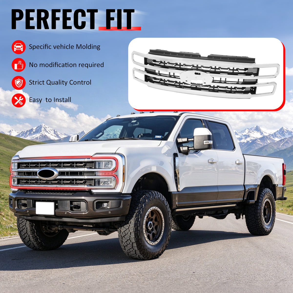 Fits 2023-2026 F250 F350 F450 Super Duty Platinum Grille Chrome ABS