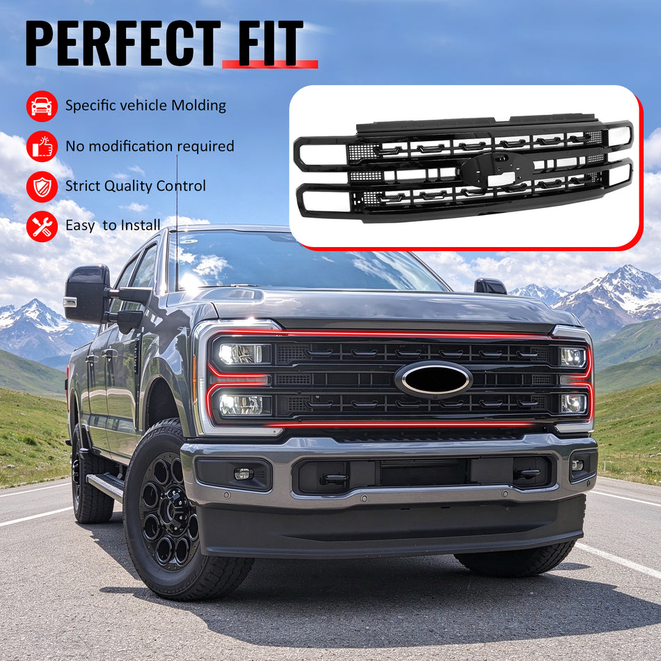 Fits 2023-2026 F250 F350 F450 Super Duty Platinum Grille Gloss Black ABS