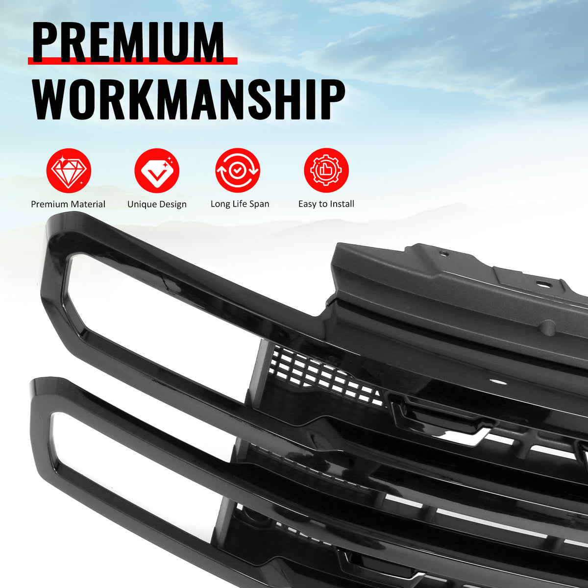 Fits 23-26 F-250 F-350 F-450 Super Duty Platinum Style Front Grille Gloss Black