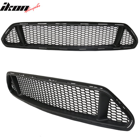 Compatible With 2015-2017 Ford Mustang Ikon Style Front Upper & Lower Mesh Grille Grill - Black PP