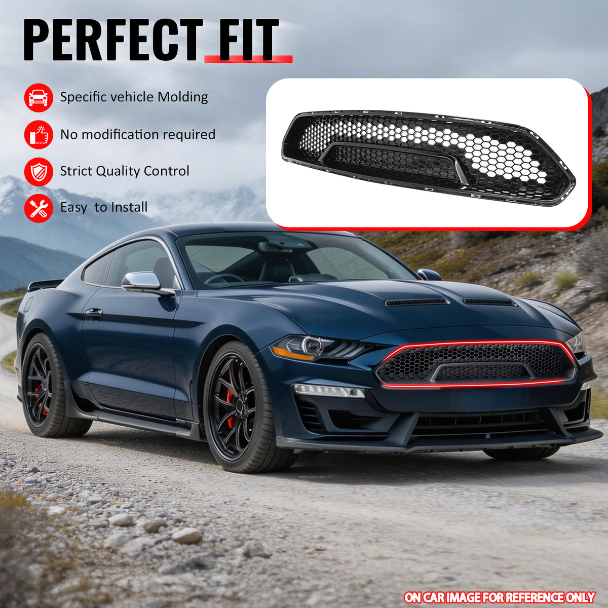 IKON MOTORSPORTS Front Upper Grille, Compatible with 2018-2023 Ford Mustang, Shelby Super Snake Style Gloss Black PP Polypropylene Replacement Front Bumper Hood Grill