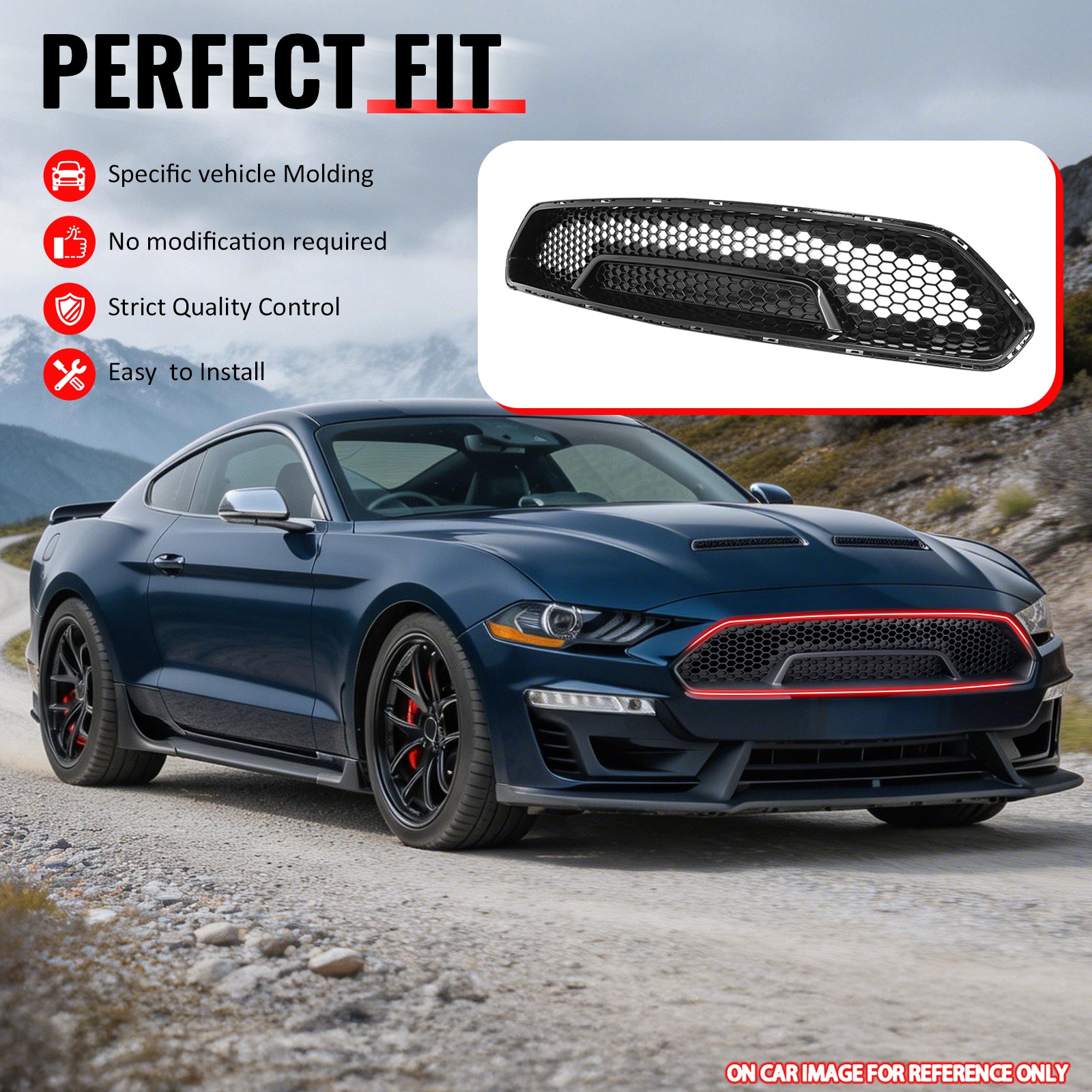 IKON MOTORSPORTS Front Upper Grille, Compatible with 2018-2023 Ford Mustang, Shelby Super Snake Style Gloss Black PP Polypropylene Replacement Front Bumper Hood Grill
