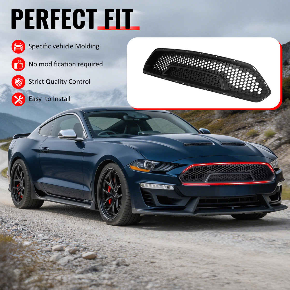 IKON MOTORSPORTS Front Upper Grille, Compatible with 2018-2023 Ford Mustang, Shelby Super Snake Style Matte Black PP Polypropylene Replacement Front Bumper Hood Grill