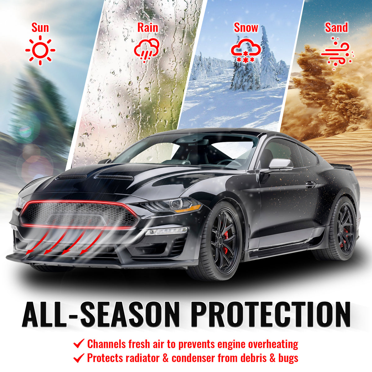 Fits 18-23 Ford Mustang Upper Grille Shelby Super Snake Style Matte Black Guard