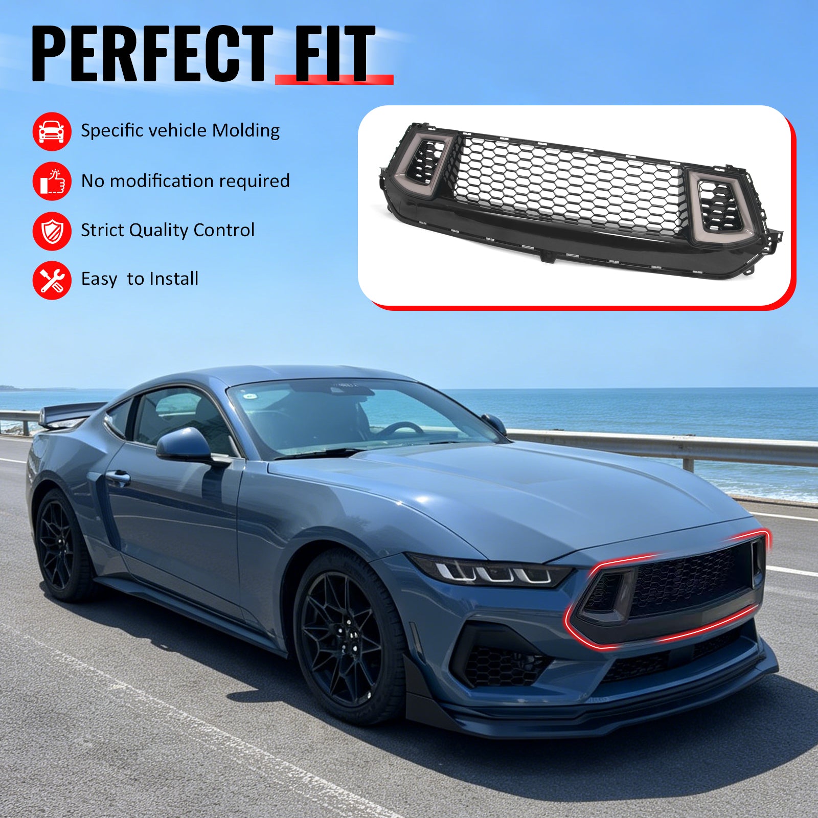 IKON MOTORSPORTS Front Upper Grille, Compatible with 2024-2026 Ford Mustang EcoBoost/GT, Gloss Black Grille with Smoke Lens IKON V2 Style ABS Plastic Replacement Front Bumper Hood Grill w/ LED