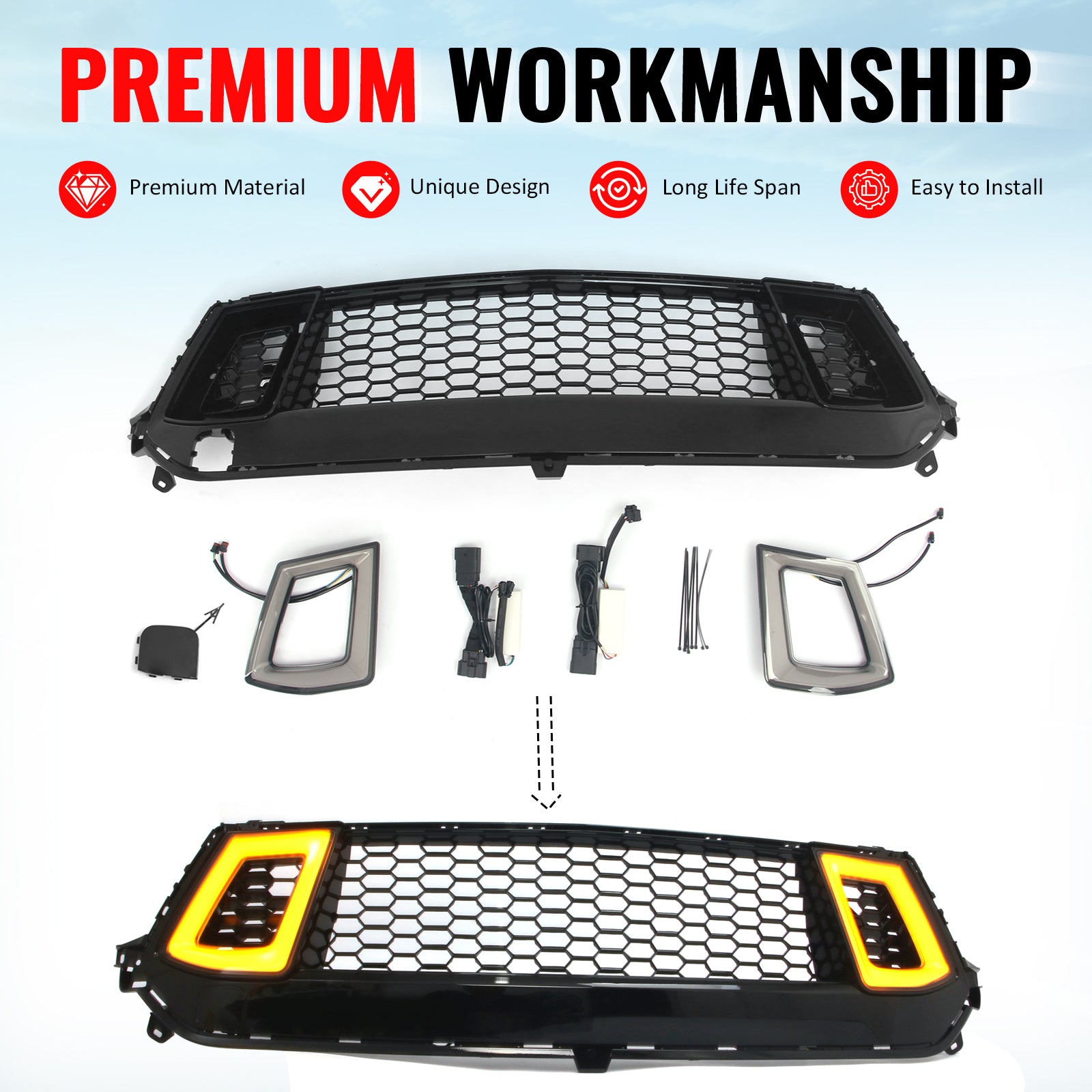 Fits 24-26 Ford Mustang Front Upper LED Grille Gloss Black ABS Assembly V2 Style