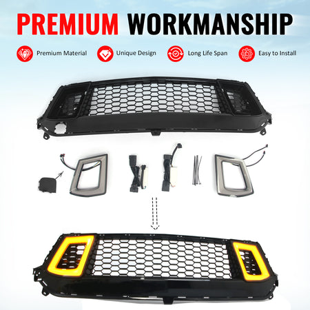 Fits 24-26 Ford Mustang Front Upper LED Grille Gloss Black ABS Assembly V2 Style