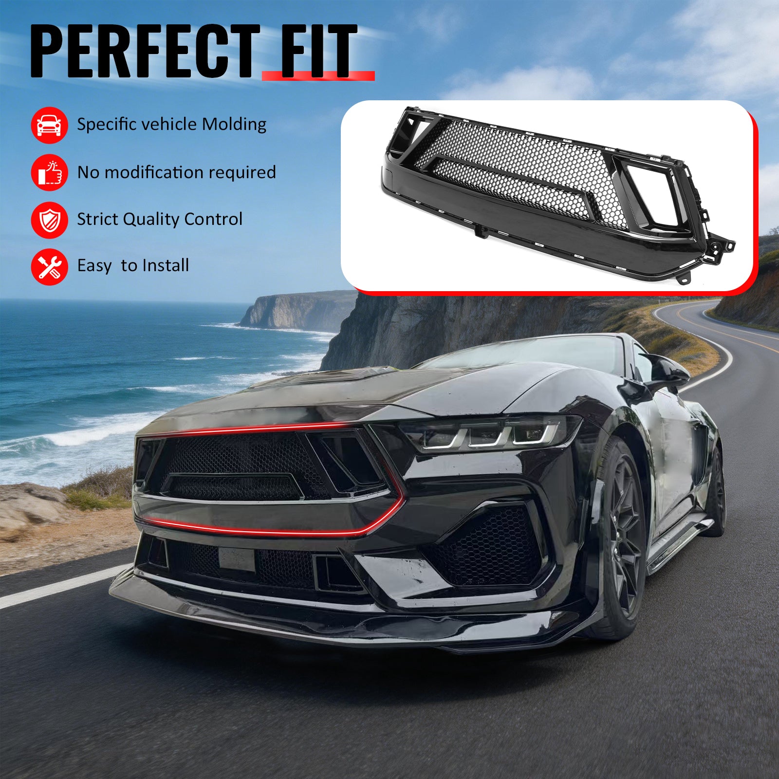IKON MOTORSPORTS Front Upper Grille, Compatible with 2024-2026 Ford Mustang EcoBoost/GT, Shelby Super Snake Style Gloss Black ABS Plastic Replacement Front Bumper Hood Grill