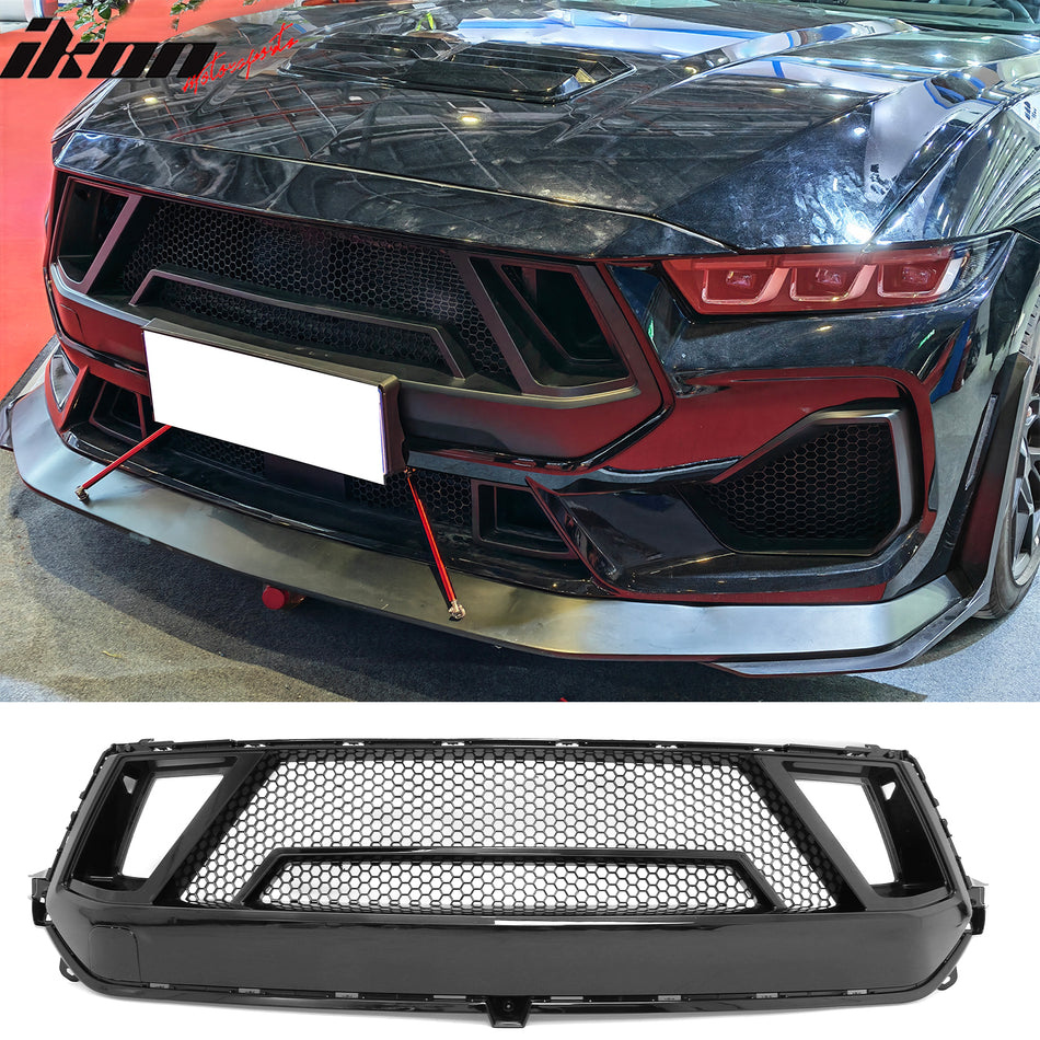 2024-2026 Ford Mustang EcoBoost/GT Front Upper Grille Shelby Super Snake Style Gloss Black ABS Plastic Replacement Bumper Hood Grill