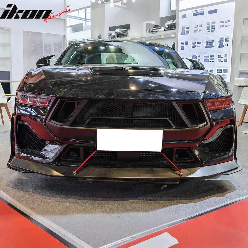 IKON MOTORSPORTS Fog Light Cover & Upper Lower Grille, Compatible with 2024-2026 Ford Mustang GT, Shelby Super Snake Style Gloss Black ABS Plastic Fog Lamp Decoration Bezel 2PC