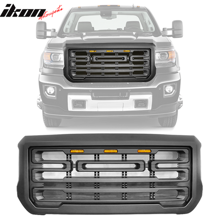 IKON MOTORSPORTS, Front Grille Compatible With 2015-2018 GMC Sierra 2500 3500, ABS Front Grille Bumper Hood Upper Shell Guard with Signal Lights, 2016 2017