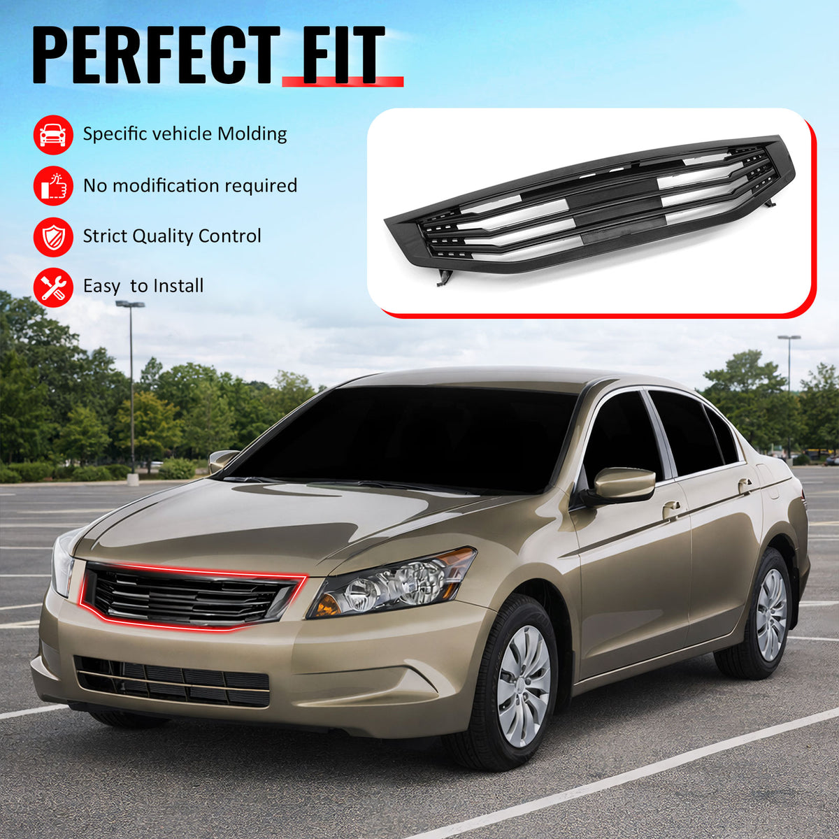 IKON MOTORSPORTS Front Upper Grille, Compatible with 2011-2012 Honda Accord Sedan 4-Door, Mugen Style Black Replacement Front Bumper Hood Grill