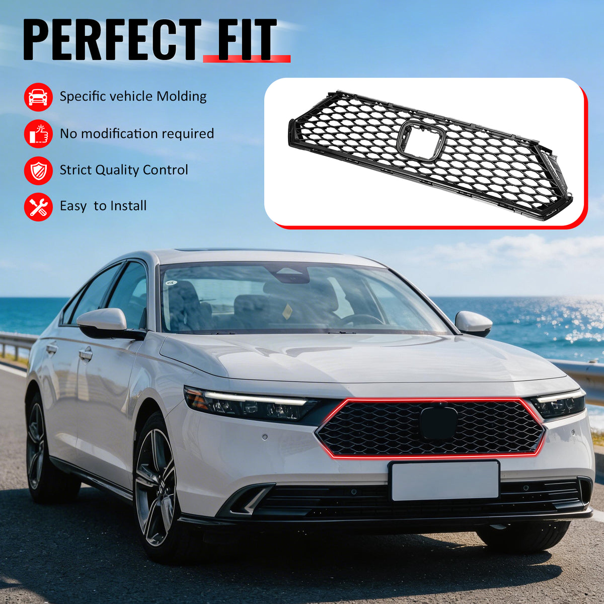 IKON MOTORSPORTS Front Upper Grille, Compatible with 2023-2026 Honda Accord 11th Gen, TR Style Gloss Black ABS Plastic Replacement Front Bumper Hood Grill