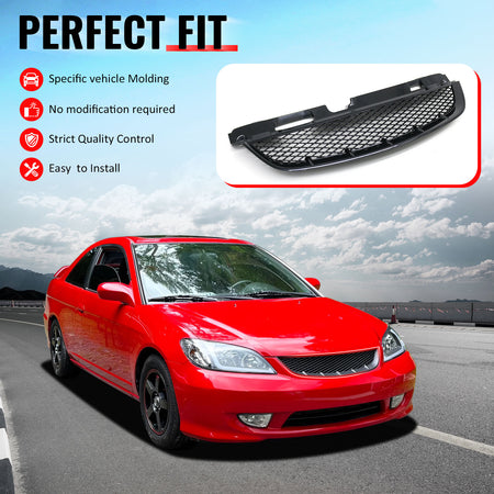 IKON MOTORSPORTS Front Upper Grille, Compatible with 2004-2005 Honda Civic 2-Door Coupe/4-Door Sedan, Mesh Style Black Replacement Front Bumper Hood Grill