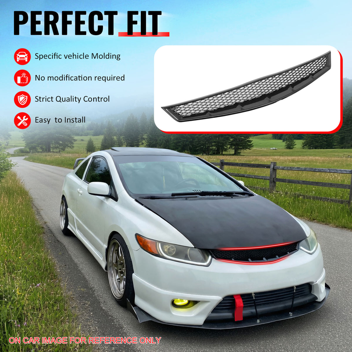 IKON MOTORSPORTS Front Upper Grille, Compatible with 2006-2008 Honda Civic 2-Door Coupe, Mesh Style Black Replacement Front Bumper Hood Grill