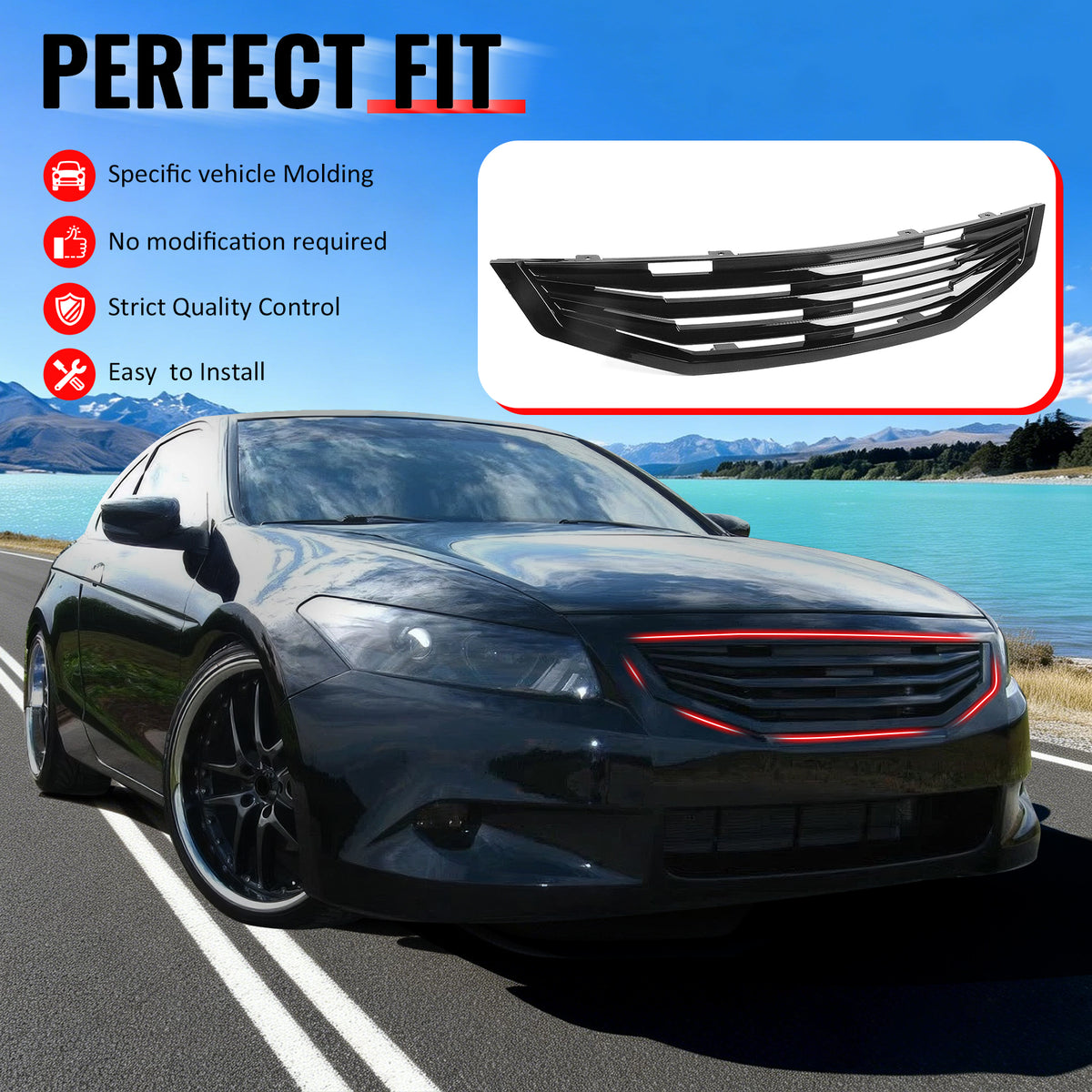 IKON MOTORSPORTS Front Upper Grille, Compatible with 2008-2010 Honda Accord Coupe 2-Door, Mugen Style Gloss Black ABS Replacement Front Bumper Hood Grill