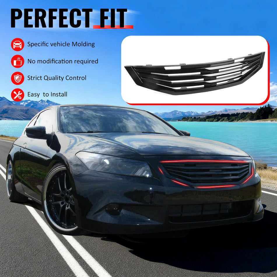 IKON MOTORSPORTS Front Upper Grille, Compatible with 2008-2010 Honda Accord Coupe 2-Door, Mugen Style Gloss Black ABS Replacement Front Bumper Hood Grill