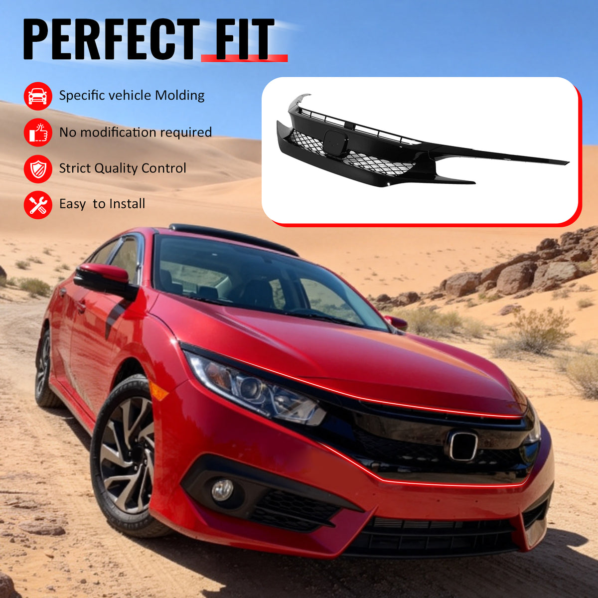 Fit 16-21 Honda Civic 10th Gen FK8 Type R T-R Style Front Grille ABS Gloss Black