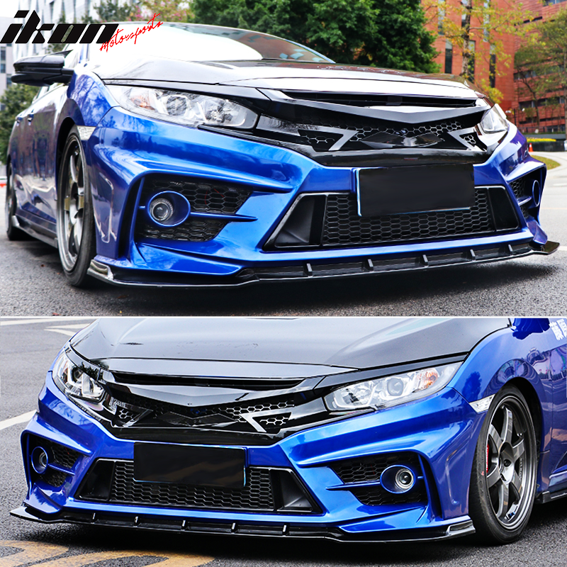 IKON MOTORSPORTS Grille Compatible With 2016-2021 Honda Civic, IKON Style Gloss Black Front Bumper Grille Hood Grill With Eyelids 3PC ABS