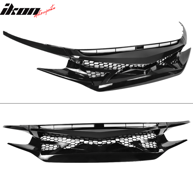 Fits 16-21 Civic 10th Gen IKON Style Gloss Black Front Hood Mesh Grille Eyebrows