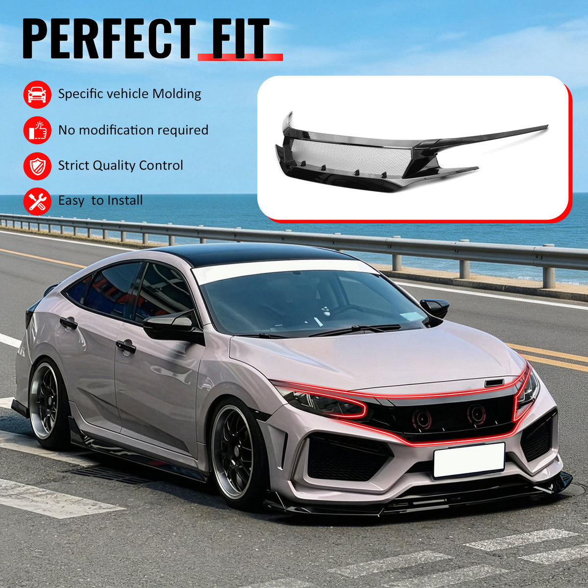 IKON MOTORSPORTS High Flow Front Upper Grille, Compatible with 2016-2018 Honda Civic & 2019-2021 Hatchback/Si, JDM Style Gloss Black ABS Plastic Replacement Front Bumper Hood Grill, 3PCS