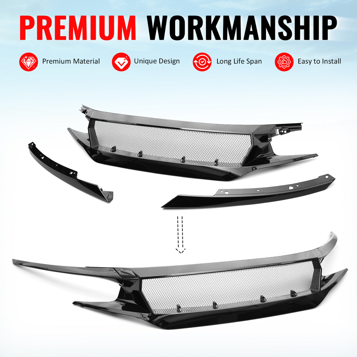 Fits 16-21 Honda Civic JDM Style High Flow Front Upper Mesh Grille Gloss Black