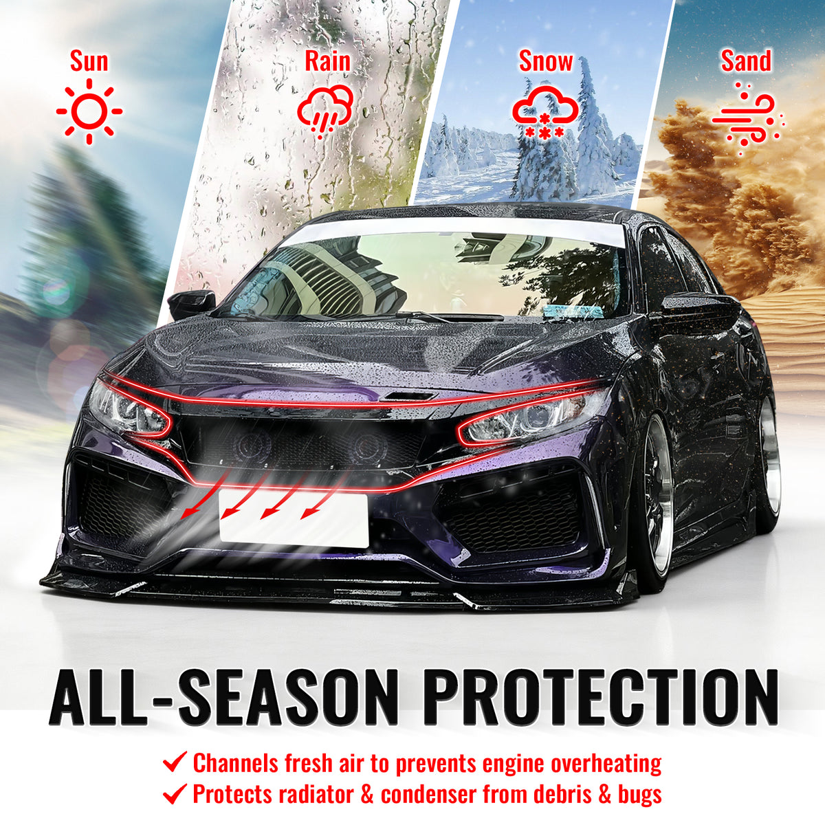 Fits 16-21 Honda Civic JDM Style High Flow Front Upper Mesh Grille Gloss Black