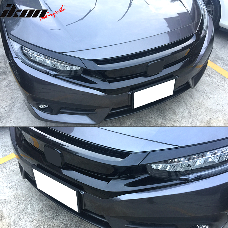 Grille Compatible With 2016-2021 Honda Civic, Factory Style Gloss Black Front Bumper Grille Hood + Eye Lid 3PC ABS by IKON MOTORSPORTS