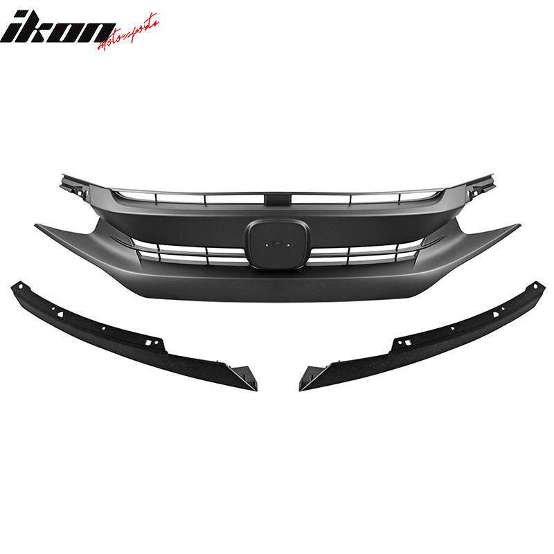 Grille Compatible With 2016-2021 Honda Civic, Factory Style Matte Black Front Bumper Grill Hood Eye Lid 3PC ABS by IKON MOTORSPORTS