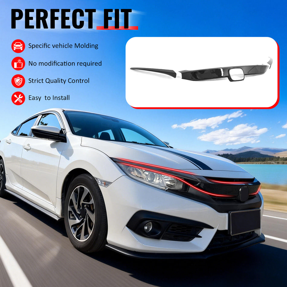 IKON MOTORSPORTS, Front Grille Trims Compatible With 2016-2021 Honda Civic Si Sedan Hatchback Coupe, OE Style Carbon Fiber Print ABS Bonnet Headlight Molding Trim 3PCS