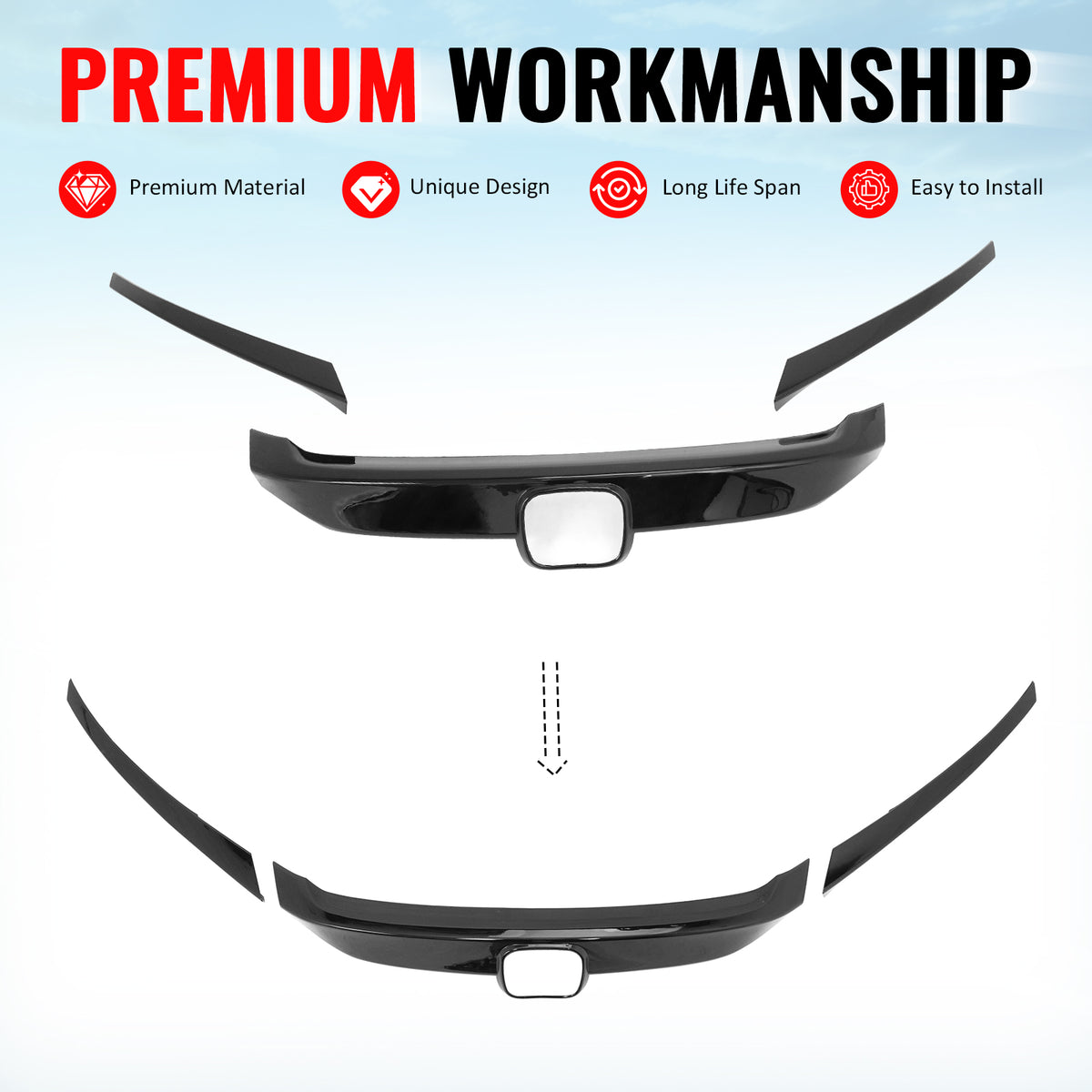 Fits 16-21 Honda Civic OE Style Front Bumper Grille Cover Trim ABS - Gloss Black