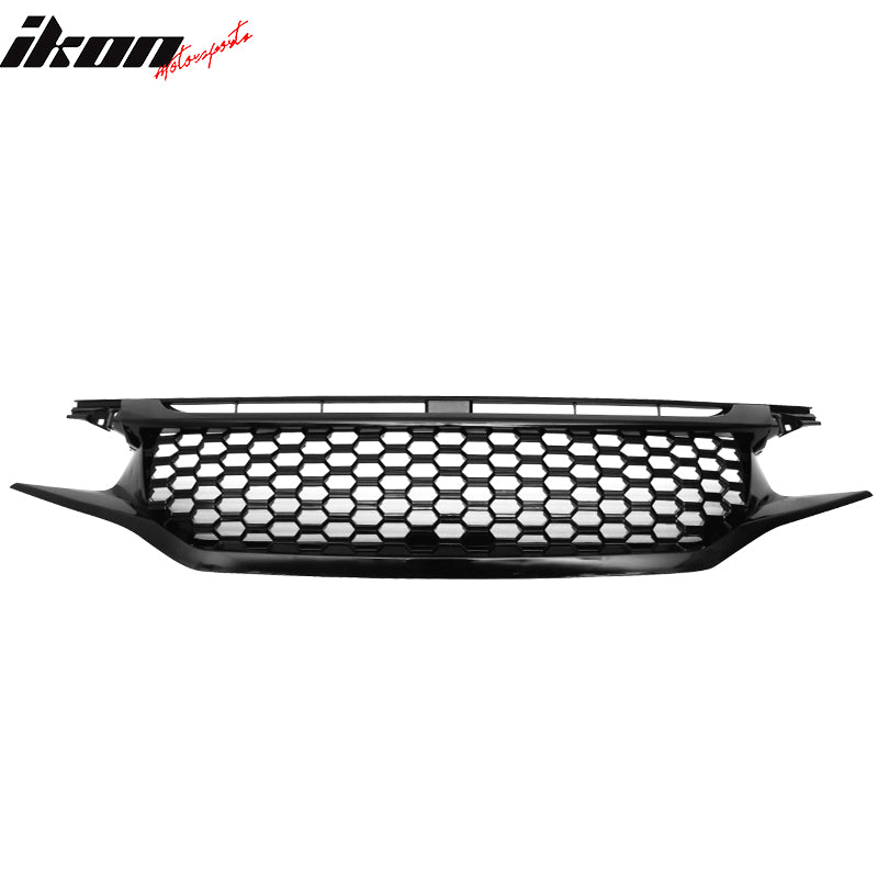 Fits 16-21 Civic Coupe Sedan Hatchback Gloss Black Mesh Grille With 2PC Eyebrows