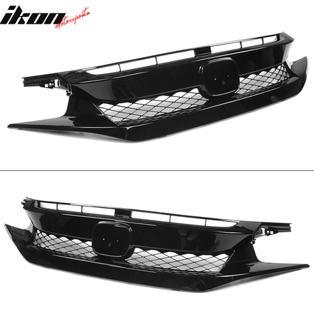 Fits 19-21 Honda Civic TR Style Front Bumper Hood Mesh Grille ABS Gloss Black