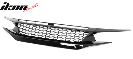 IKON MOTORSPORTS Front Upper Grille, Compatible with 2019-2021 Honda Civic Sedan & Coupe, Honeycomb Style Gloss Black ABS Plastic Replacement Front Bumper Hood Grill 3PCS