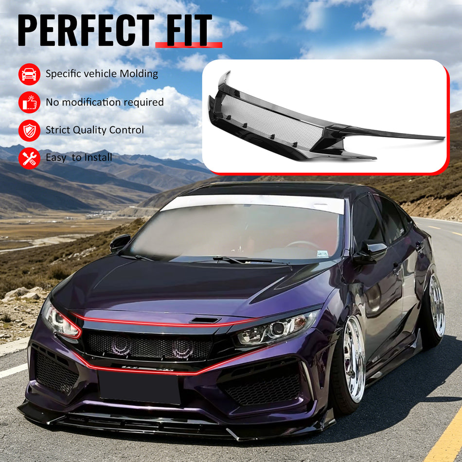IKON MOTORSPORTS Front Upper Grille, Compatible with 2019-2021 Honda Civic Sedan and Coupe Non-Si Models, JDM Style Gloss Black ABS Replacement High Flow Front Bumper Hood Grill