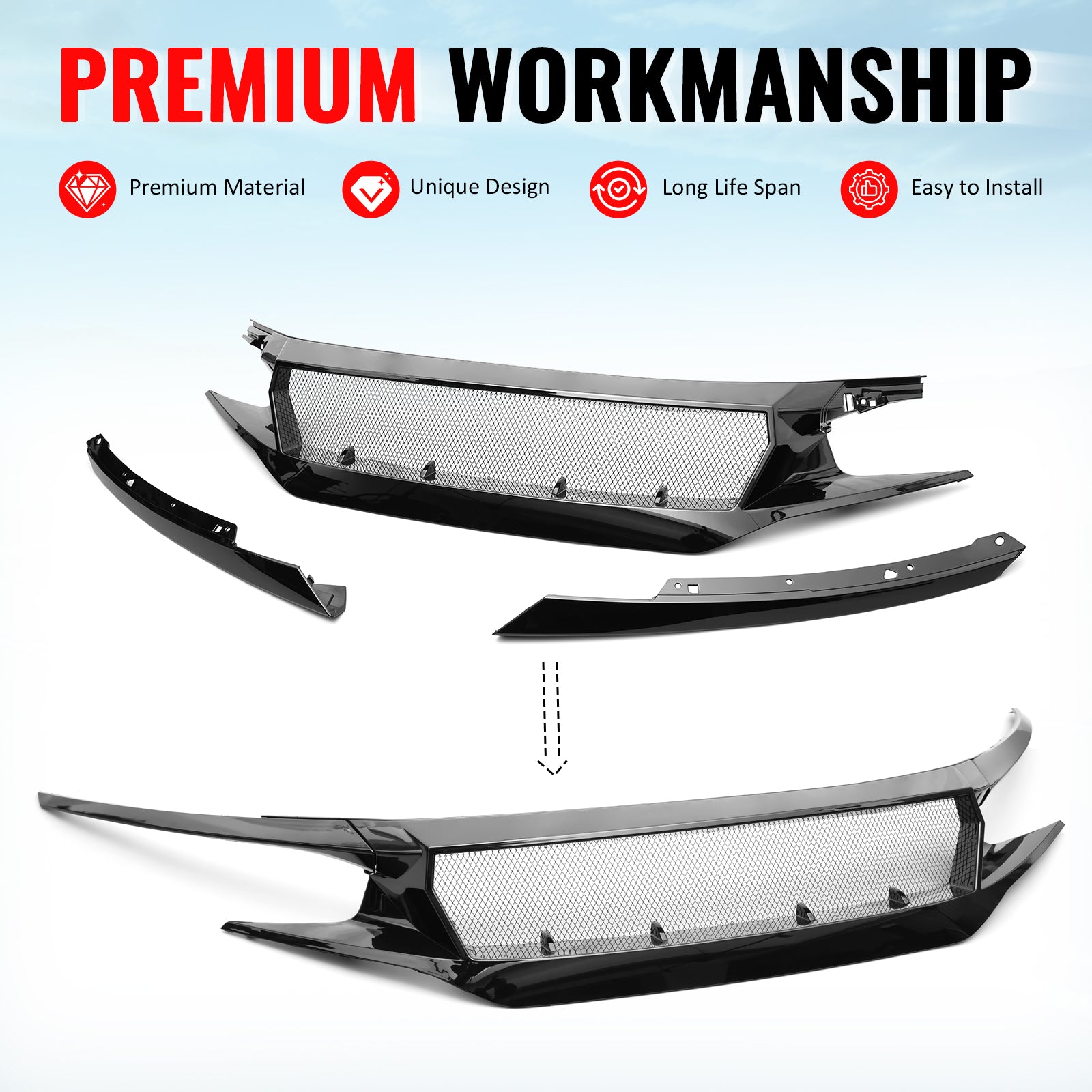 Fits 2019-2021 Honda Civic 2 & 4 Door JDM High Flow Upper Grille Gloss Black ABS