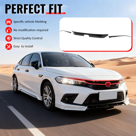 IKON MOTORSPORTS, Front Grille Trims Compatible With 2022-2024 Honda Civic Sedan (Won't Fit Si & Hatchback), OE Style Gloss Black ABS Bonnet Headlight Molding Trim 3PCS