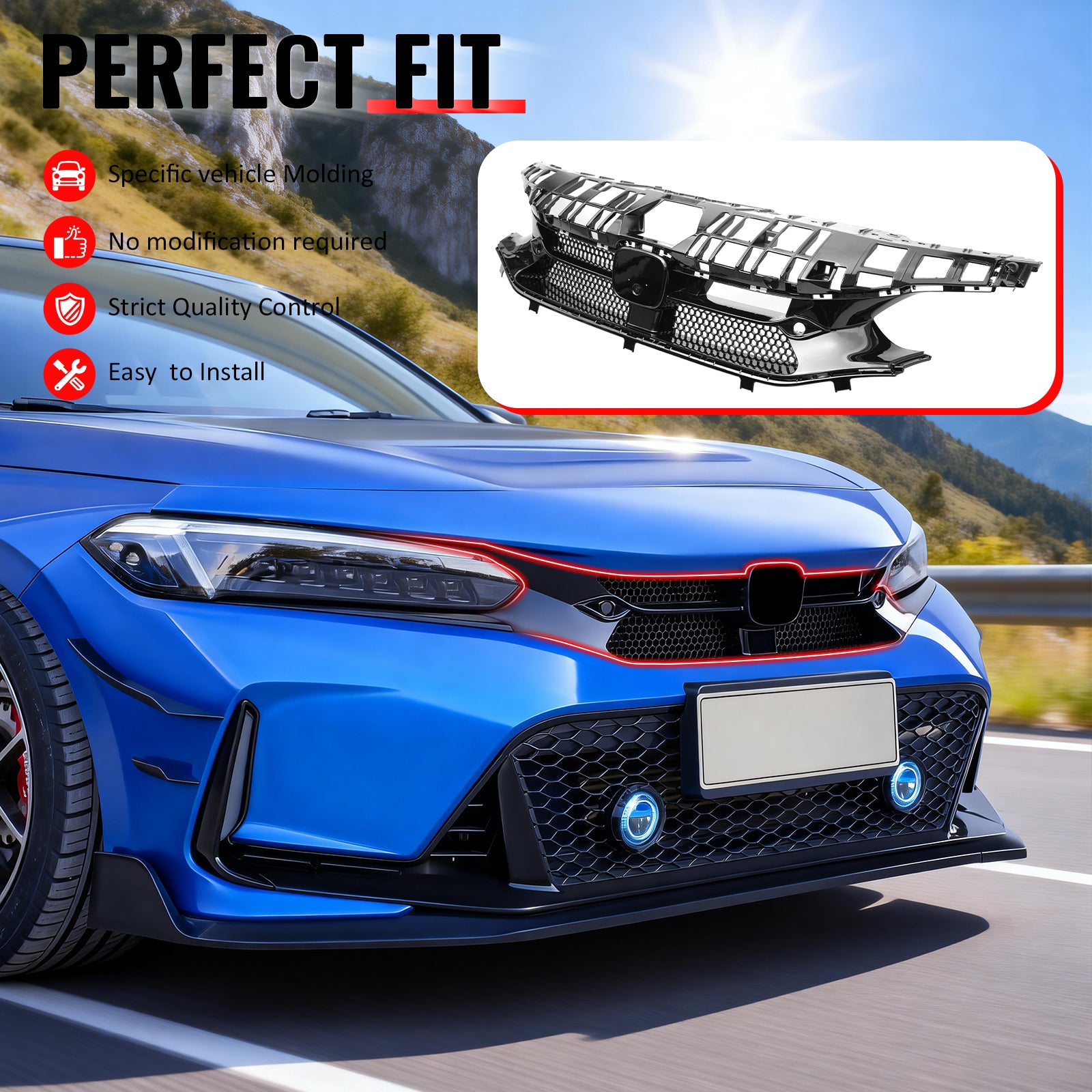 IKON MOTORSPORTS Front Upper Grille, Compatible with 2022-2024 Honda Civic 11th Gen Hatchback & Si, Varis Style Gloss Black ABS Plastic Replacement Front Bumper Hood Grill