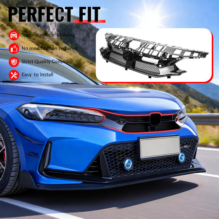 IKON MOTORSPORTS Front Upper Grille, Compatible with 2022-2024 Honda Civic 11th Gen Hatchback & Si, Varis Style Gloss Black ABS Plastic Replacement Front Bumper Hood Grill