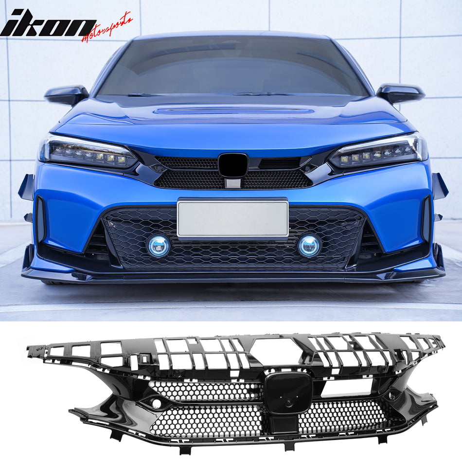 2022-2024 Honda Civic 11th Gen Hatchback & Si Front Bumper Upper Hood Honeycomb Grille Replacement Varis Style ASB Plastic Gloss Black