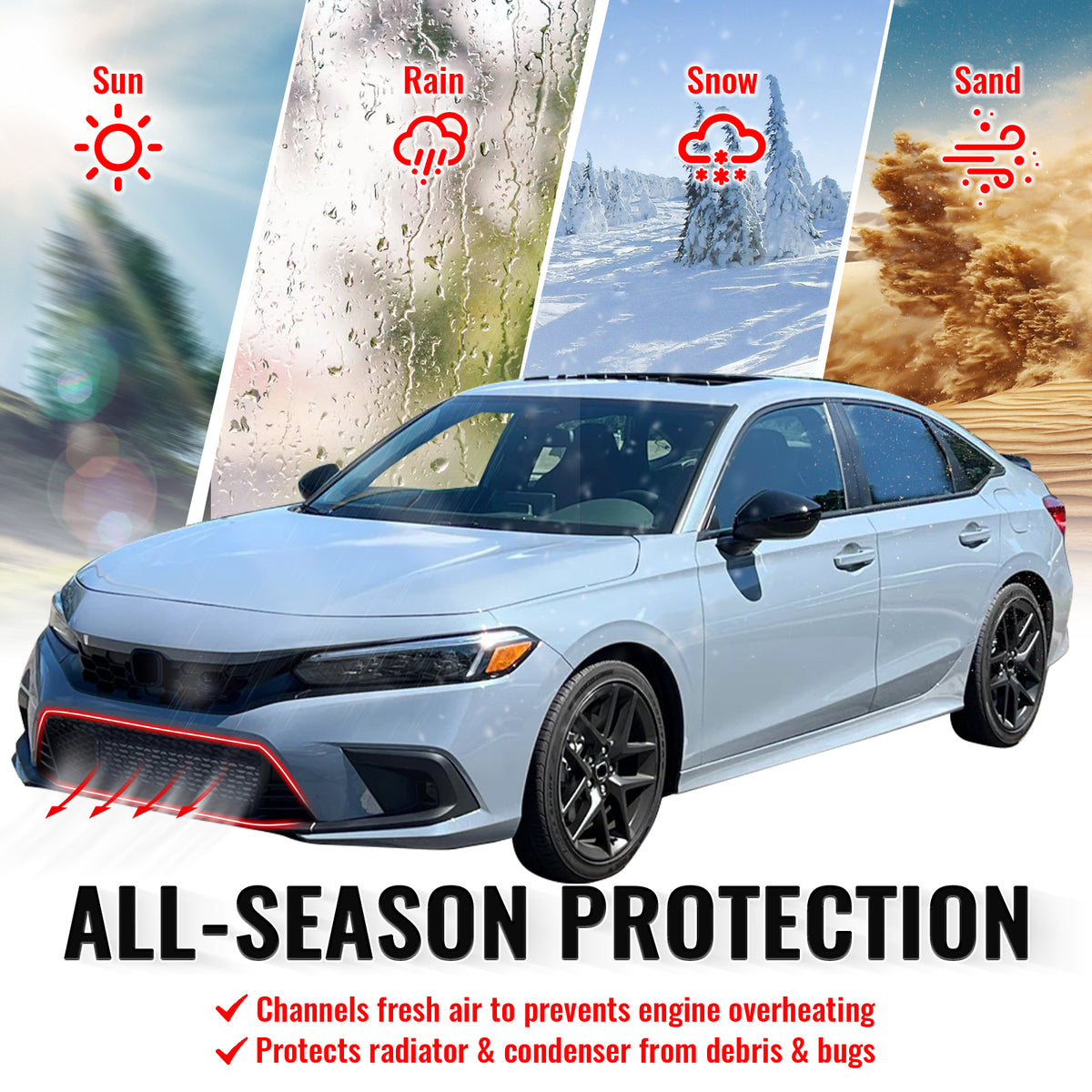 Fits 22-24 Honda Civic Type R Style Front Bumper Lower Grille PP Matte Black