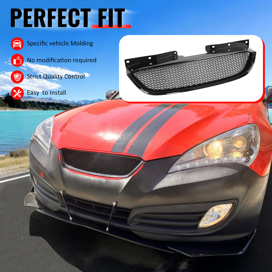IKON MOTORSPORTS Front Upper Grille, Compatible with 2010-2012 Hyundai Genesis Coupe 2-Door, Honeycomb Style Gloss Black ABS Replacement Front Bumper Hood Grill
