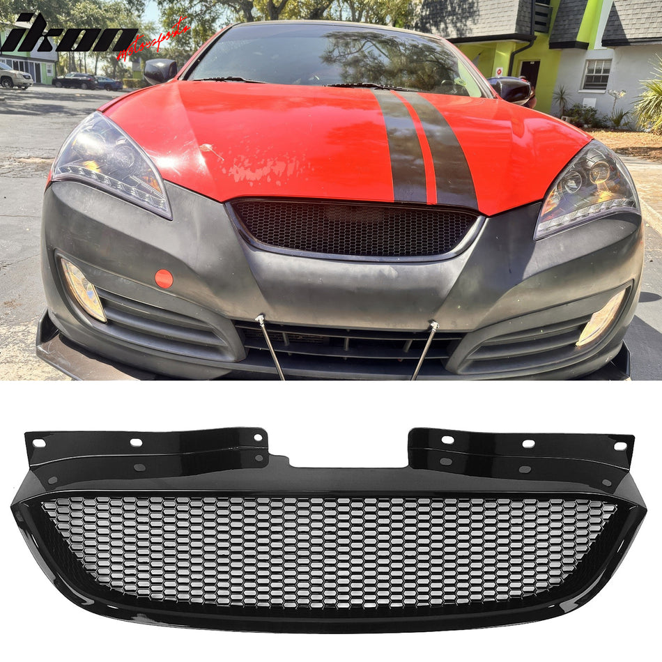2010-2012 Hyundai Genesis Coupe Honeycomb Style Front Bumper Upper Grille Replacement Gloss Black ABS
