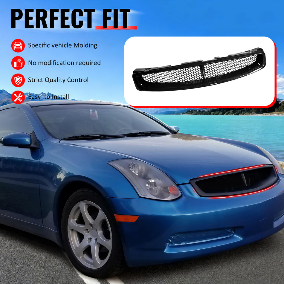 IKON MOTORSPORTS Front Upper Grille, Compatible with 2003-2007 Infiniti G35 Coupe 2-Door, JDM Style Carbon Fiber Print ABS Replacement Front Bumper Hood Grill