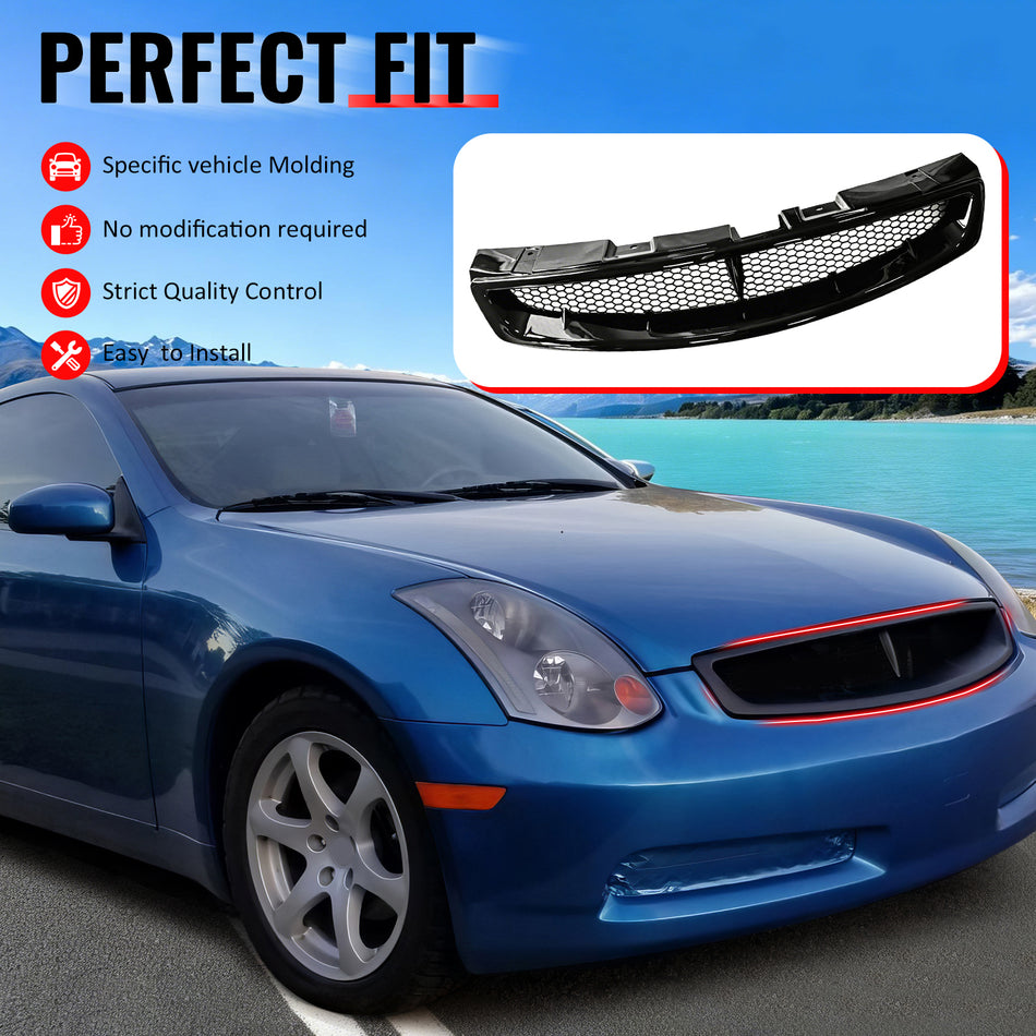 IKON MOTORSPORTS Front Upper Grille, Compatible with 2003-2007 Infiniti G35 Coupe 2-Door, JDM Style Gloss Black ABS Replacement Front Bumper Hood Grill
