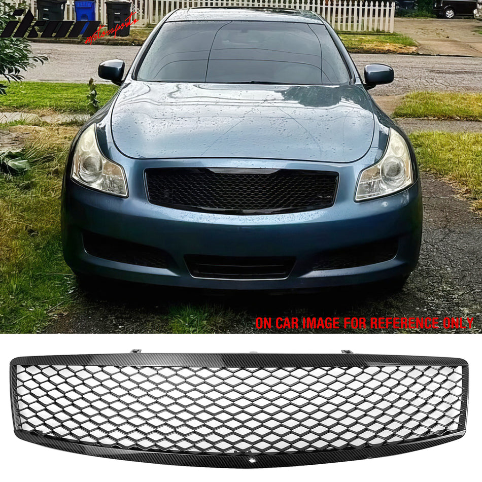 2007-2008 Infiniti G35 & 2009 G37 Sedan Honeycomb Style Front Bumper Upper Grille Replacement Carbon Fiber Print ABS