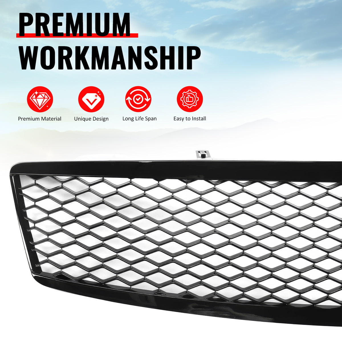 Fits 07-08 Infiniti G35& 09 G37 4Dr Honeycomb Style Upper Grille Gloss Black ABS